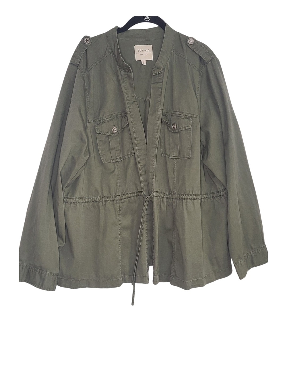 Torrid Olive Green Utility Jacket Open Front Draw String Tie Size 3